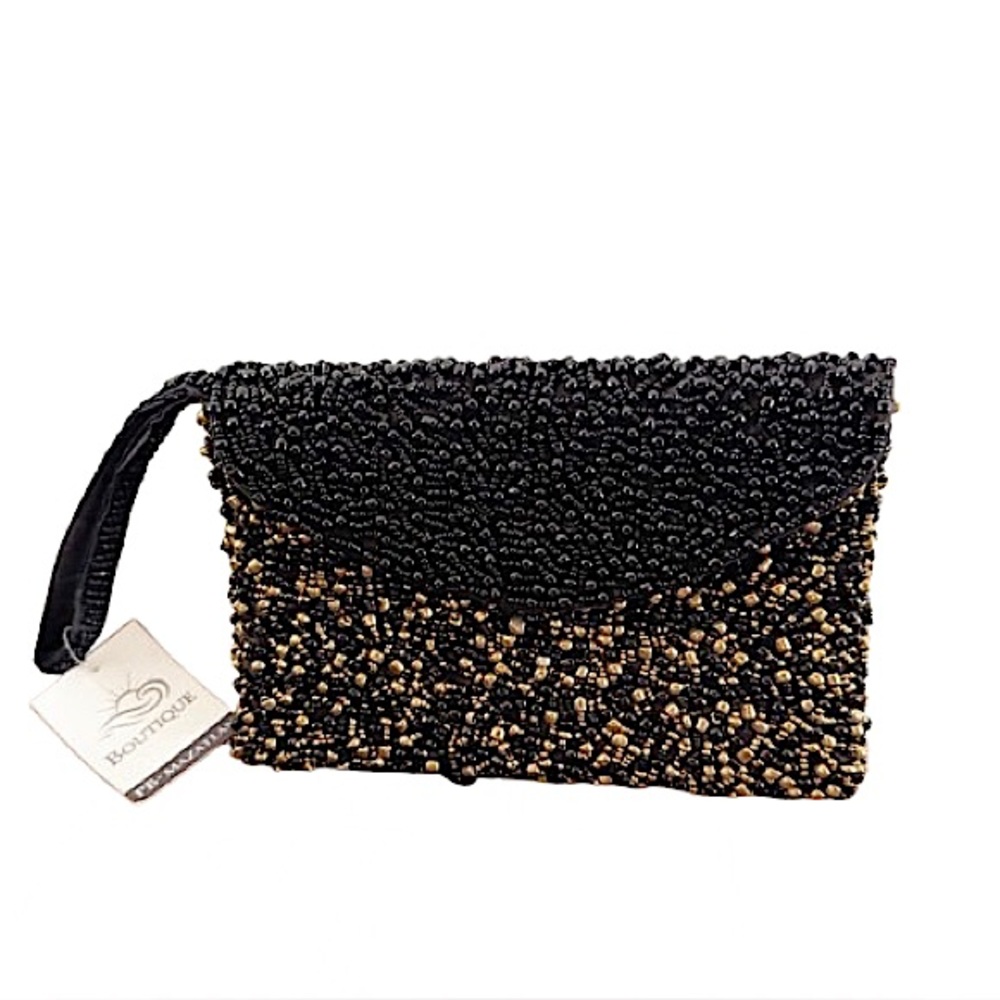 NEW Black Gold Beaded Embellished Evening Clutch Formal Glam Cocktail Wedding